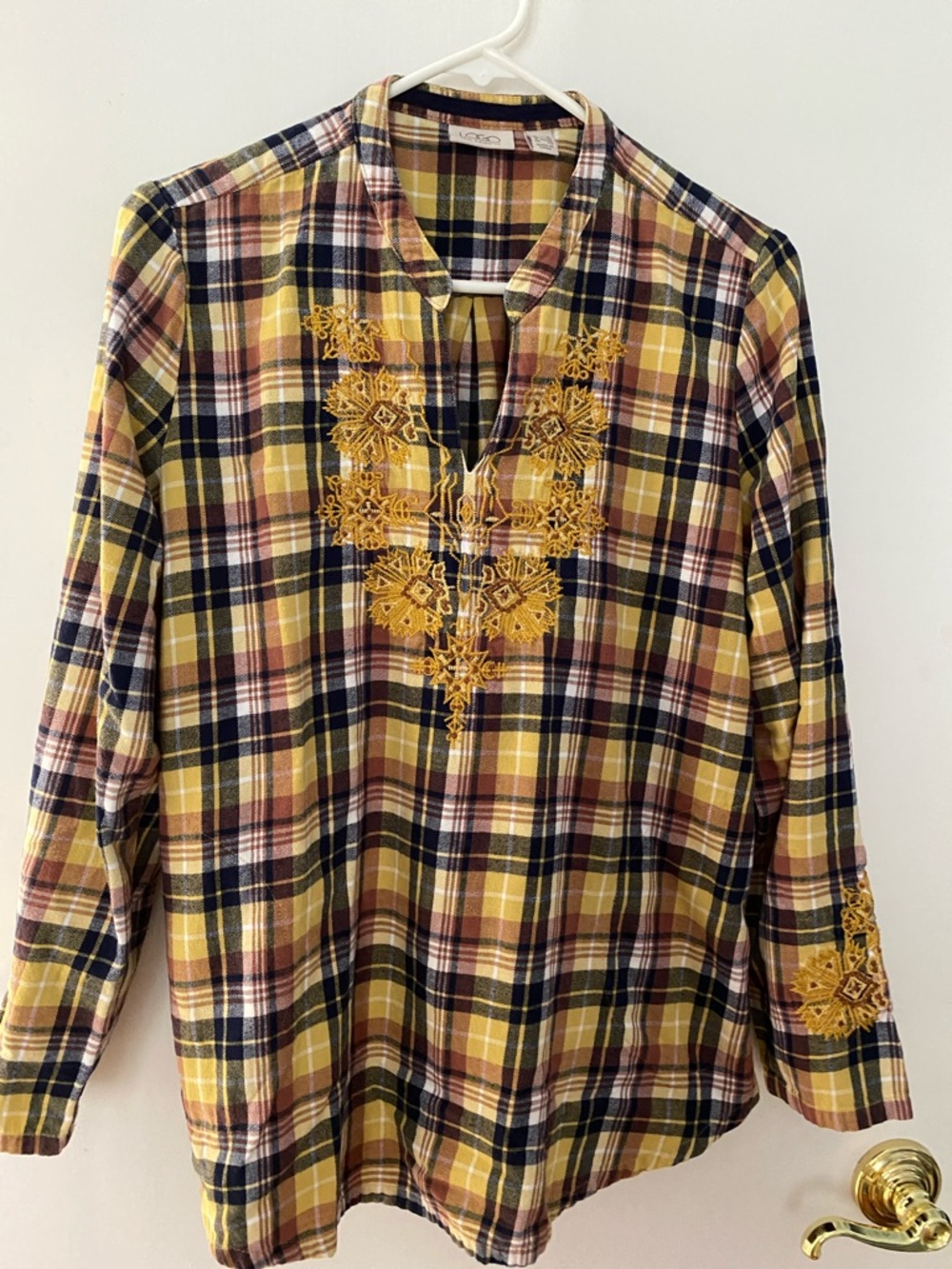 LOGO by Lori Goldstein Yellow & Navy Plaid Button-Up Shirt, Soft Flannel.